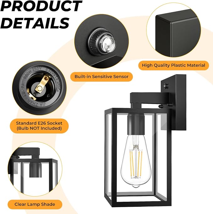 FOLKSMATE 2 Pack Dusk to Dawn Outdoor Wall Light Fixtures, Exterior Porch Light, Waterproof Wall Sconces Lanterns, Sensor Lighting Wall Mount for House Doorway Garage, Black