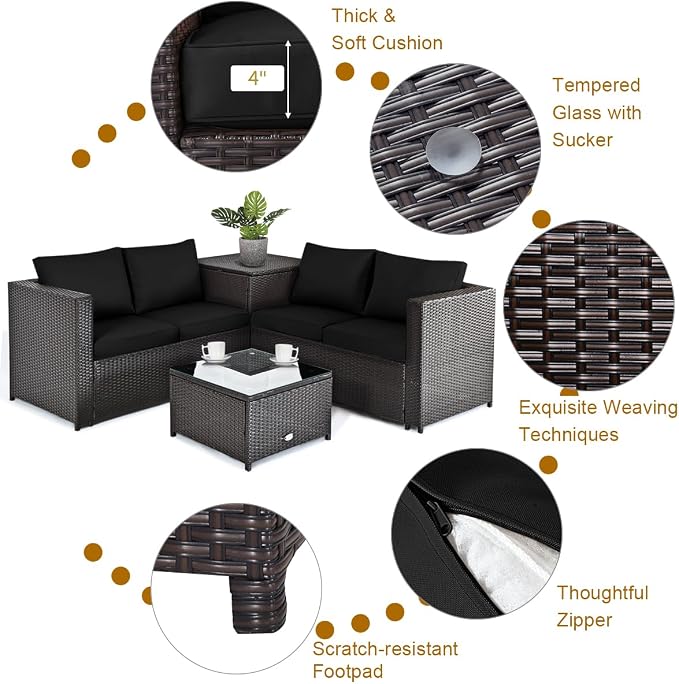 Tangkula 5 Piece Patio Furniture Set with 50,000 BTU Propane Fire Pit Table, Outdoor Wicker Conversation Set w/Cushions, Storage Box and Tempered Glass Coffee Table, 30" Gas Fire Pit Table (Black)