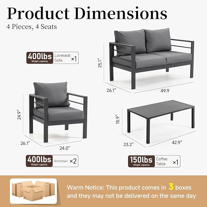 4-Piece Patio Furniture Set – All-Metal Outdoor Sectional Couch with Horizontal Slat Armrests, 4" Cushions & Coffee Table, Modern Patio Conversation Set for Porch, Balcony, or Deck (Grey)