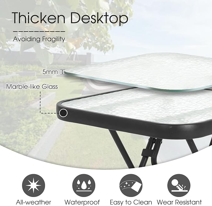 HOMEFUN Outdoor Side Tables Square Folding Patio End Table with Tempered Glass Tabletop, Portable Bistro Coffee for Porch Yard, Balcony, Garden, Deck Poolside, Transparent Glass