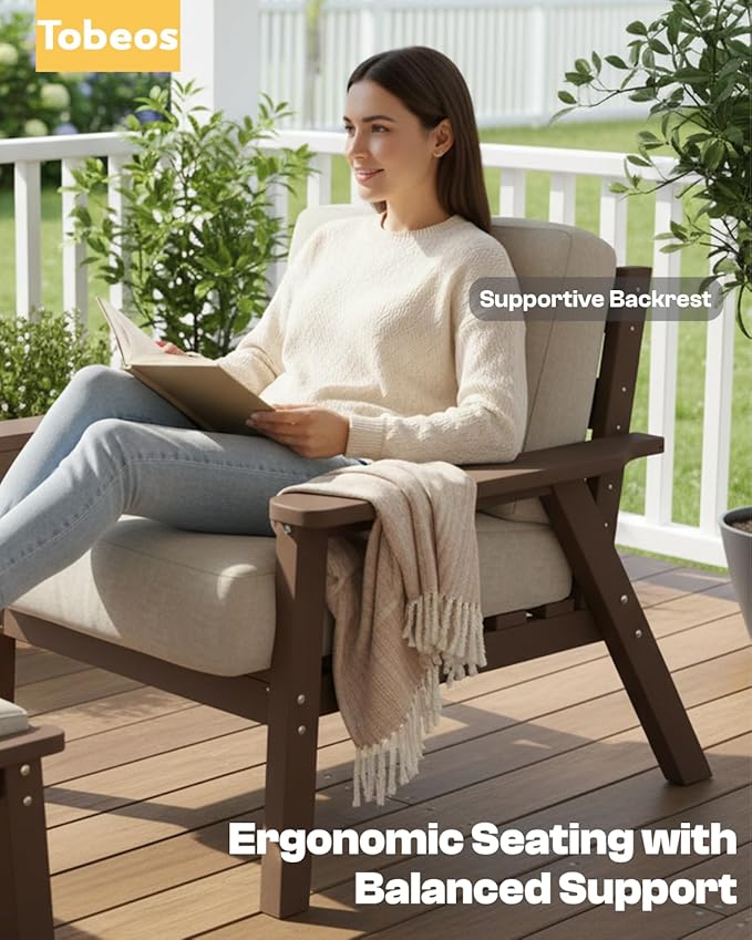 HDPE 6 Piece Patio Furniture Set, Outdoor Couch with Washable Thick Beige Cushions & Coffee Table & Side Table, Outdoor Sectional Furniture for Backyard, Deck, Lawn, Porch (White Frame)