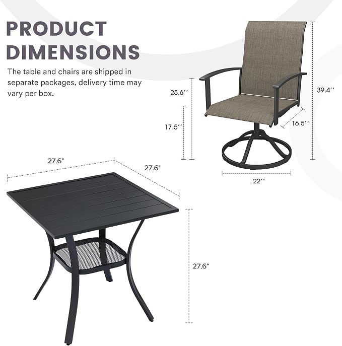 3 Pieces Outdoor Patio Dining Bar Set, 27.6" All Weather Square Metal Slatted Table with Storage Shelf and 2 High Back Textilene Swivel Chairs for Garden, Lawn, Black Table & Brown Chairs