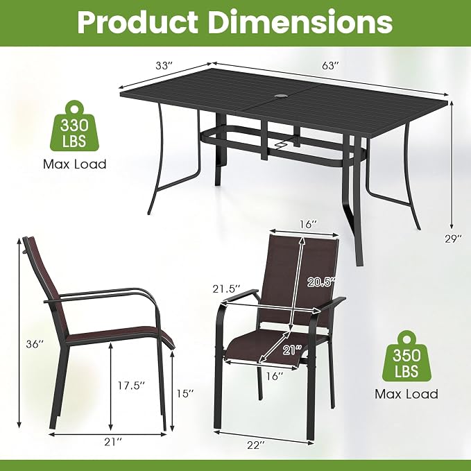 Tangkula 7 Pieces Patio Dining Set for 6, 63” x 33” Outdoor Rectangle Metal Table with Umbrella Hole & 6 Stackable Breathable Mesh Armchairs, Outside Furniture Set for Backyard, Garden & Porch (Brown)