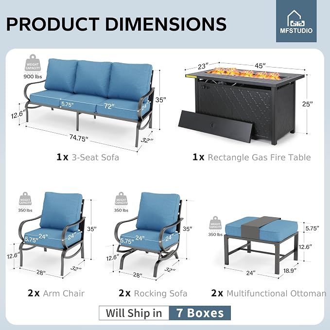 MFSTUDIO 8 Pieces Patio Furniture Sets with 45" Gas Fire Pit Table(Up to 9 Seat), Outdoor Metal Conversation Sofas with 1 x 3-Seat Sofa, 2 Single Chairs, 2 Rocking Chairs and 2 Ottoman, Navy Cushion