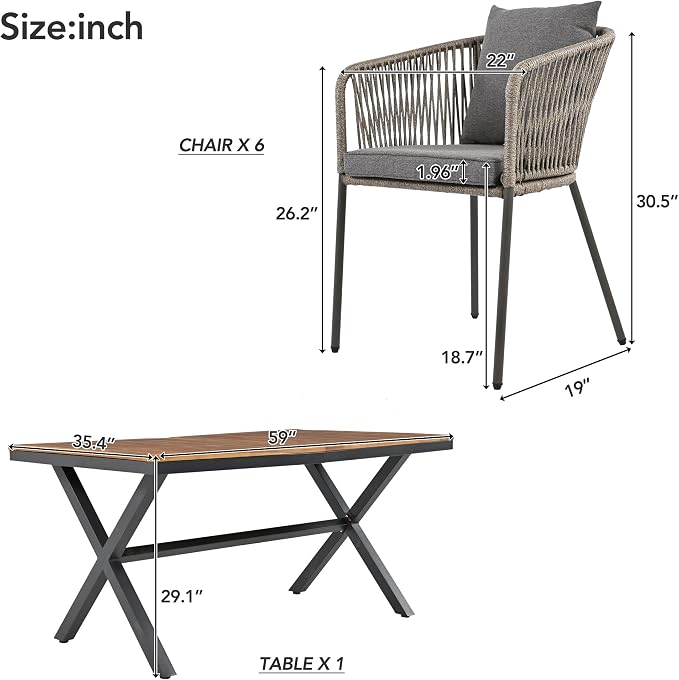 Modern 7 Pieces Patio Dining Set,Dining Table and Chairs, Acacia Wood Tabletop, Metal Frame,Outdoor Furniture Set for Garden, Backyard, Balcony