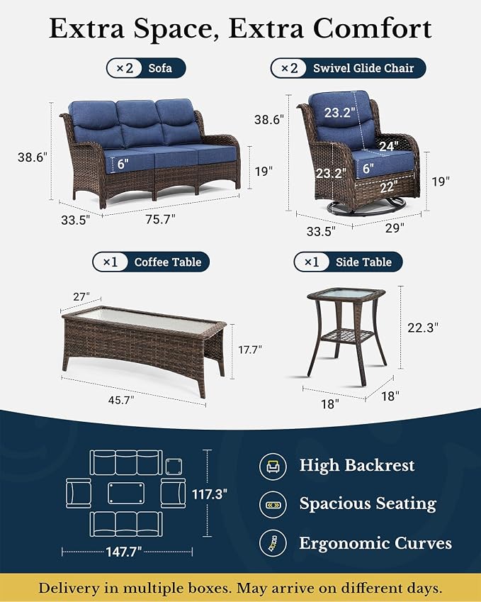 HILLGA Luxury Outdoor Patio Furniture Set with 6-Inch Thick Cushions, High Back Wicker Swivel Rocker Chairs, 6Pcs All Weather Sofa Set for Large Deck, Yard and Poolside, Blue (V3)