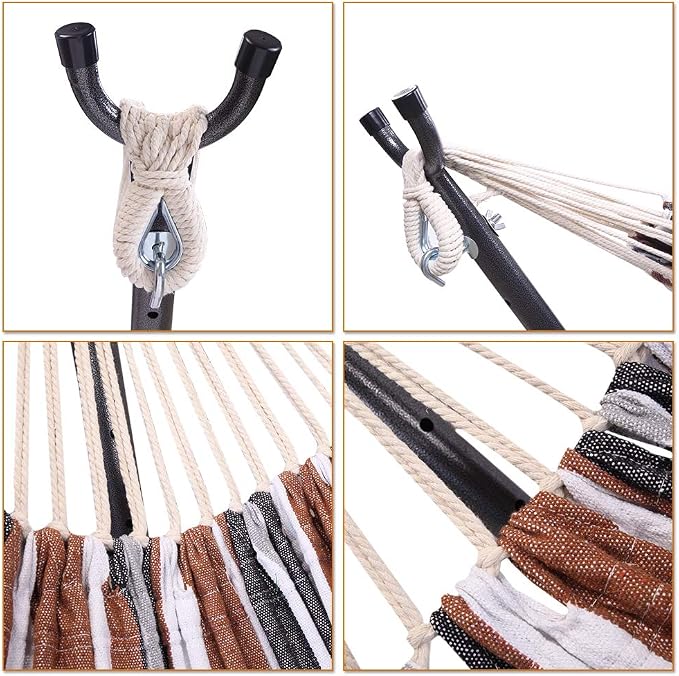 103 Inch Portable Hammock with Stand Included, Heavy Duty Steel Frame with Comfortable Polyester Striped Swing Bed, Carrying Bag for Patio, Garden, Backyard, Indoor & Outdoor (Style A)
