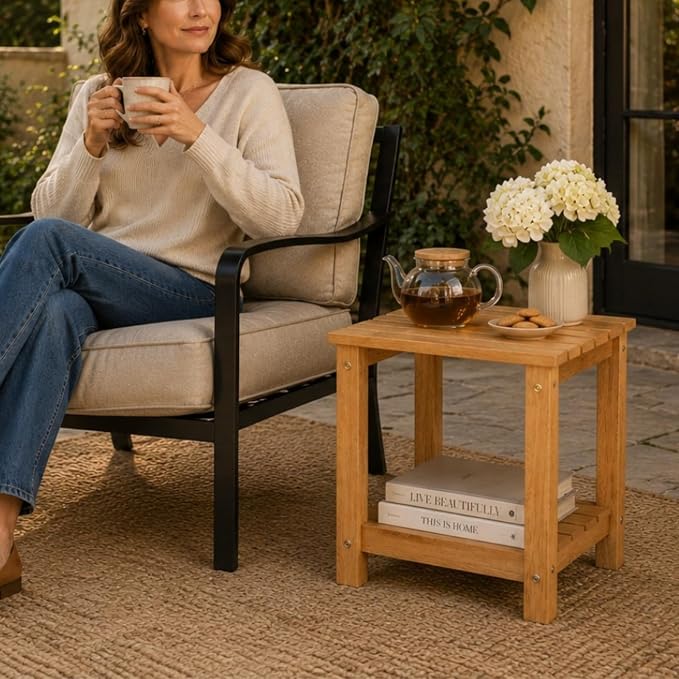 Premium 2-Tier Eucalyptus Wood Side Table with Slatted Storage Shelf, 13" x 16" x 17.5", Wooden Accent Table for Living Room, Entryway or Bedside (Golden)