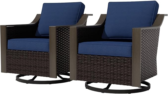 Outdoor Wicker Swivel Chair Set of 2, All-Weather Use Patio Rattan Chair with Removable Water-Resistant Cushion, Ideal for Porch, Backyard, Balcony, Poolside, Blue