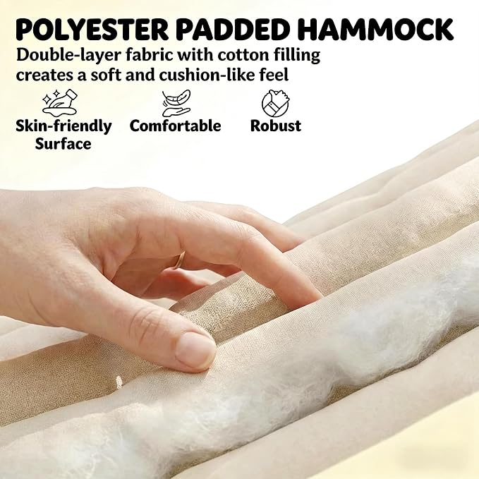 11FT Hammock Without Stand for Outside, Large Patio Hammock with Removable Headrest & Side Pocket, Two Person Hammock with Spreader Bars for Garden, Balconies, 440LBS Capacity (Cream White)