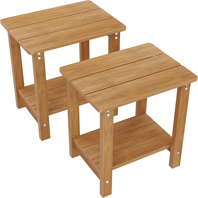MXIMU Outdoor Side Table Set of 2: Heavy-Duty Sturdy Warp Resistant Adirondack Table - Wood Grain Finish Outdoor End Tables - Easy Assembly & Low Maintenance Patio Side Table Teak