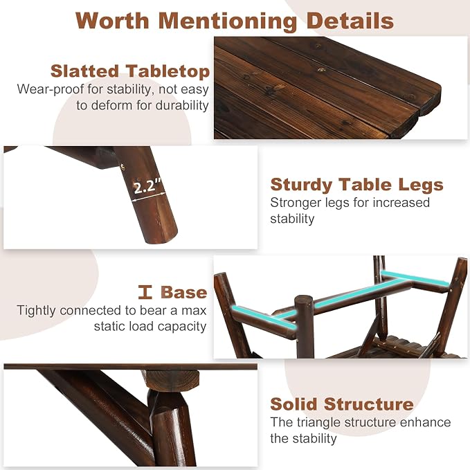 HOMEDIARY Wooden Adirondack Log Side Table, Cedar Wood Outdoor Rectangular End Table w/Slatted Tabletop, Oversize 41.5” Indoor Outdoor Patio Side Coffee Table for Garden Patio Backyard, Carbonized