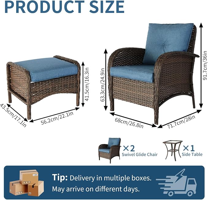 SHGJ&SOFT All Weather Patio Furniture Set, High Back Swivel Rocker Glider Chairs，Ottomans & Glass Tables, Outdoor Conversation Set for Deck Porch Yard Poolside (Blue, 4PCS-Chairs&Ottomans)