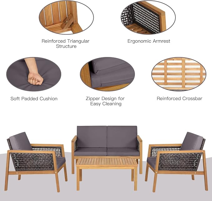 4 Pieces Outdoor Acacia Wood Furniture Sofa Set, Outdoor PE Wicker Conversation Set with Coffee Table and Soft Cushions for Garden, Poolside and Backyard (1, Grey)
