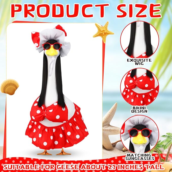 Abbylike Summer Bikini Porch Goose Outfit Red Polka Dot Bikini Goose Costume Clothes with Wig Sun Hat Sunglasses Fits Large 23'' H Cement Statue for Outdoor Yard Patio Lawn Art Decoration