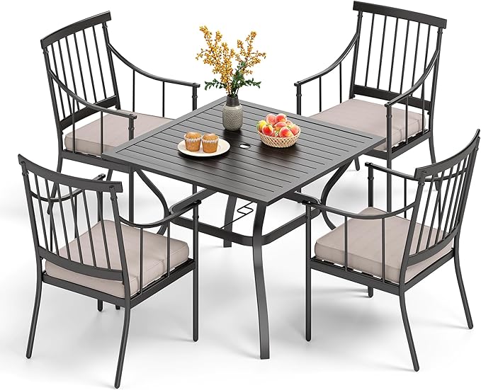 PHI VILLA 5-Piece Patio Dining Set, 37" Square Steel Table, Fixed Chairs | Cushions Chairs, Umbrella Hole, All-Weather Use