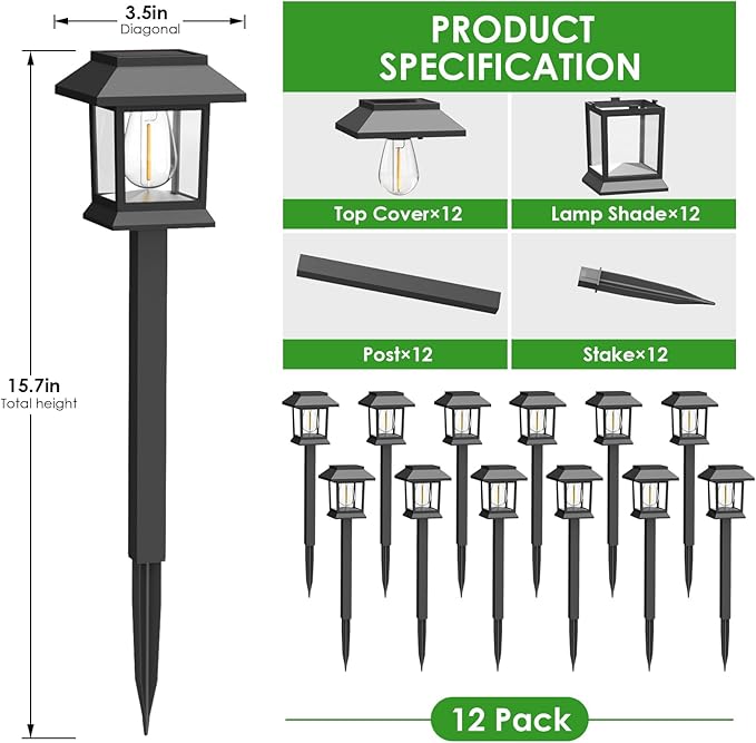 Benany Solar Outdoor Lights, 12 Pack Solar Pathway Lights Waterproof, Landscape Lighting for Path Walkway Lawn Garden Yard Outside Décor, Black