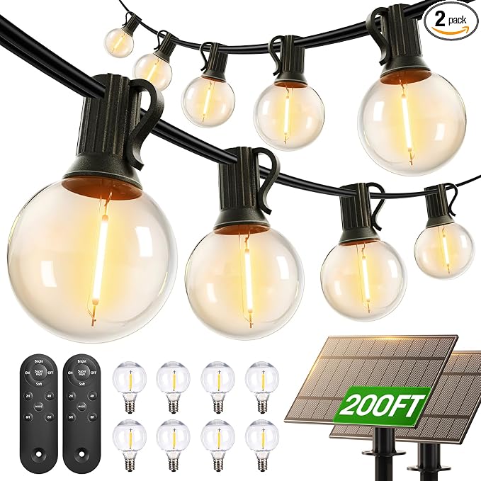 addlon 200FT(2 Pack*100FT) Solar String Lights Outdoor Waterproof Remote | Dimmable Commercial Grade Solar Powered String Lights with 108 LED Bulbs, Hanging Light for Backyard Party Decor