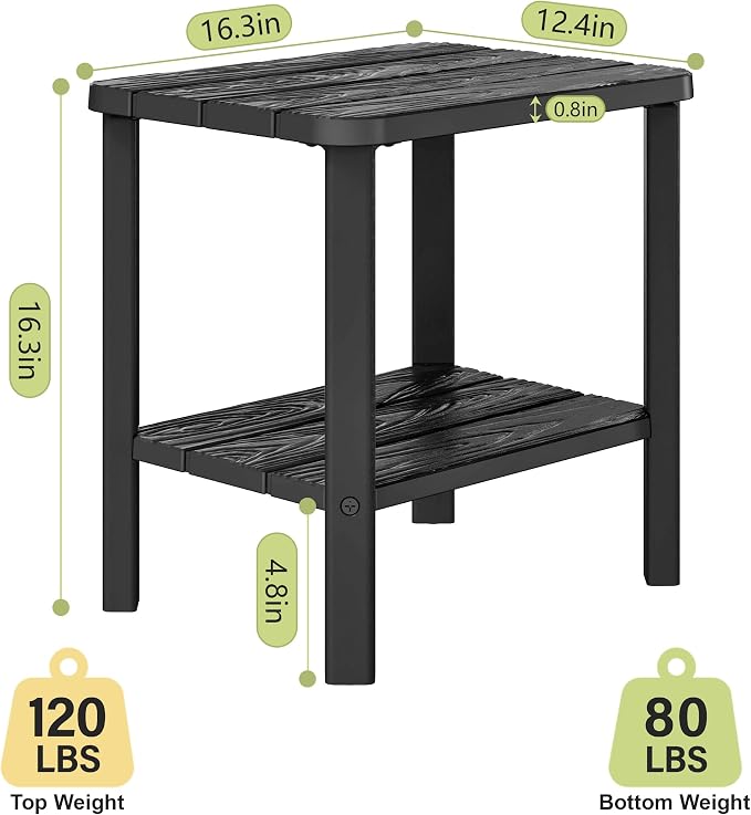 KAMABOKO Adirondack Outdoor Side Table, 2-Tier HDPE End Table 16" Weatherproof Square Storage Tables for Porch Patio Pool Backyard Lawn and Indoor, Black with Wood-Like Grain