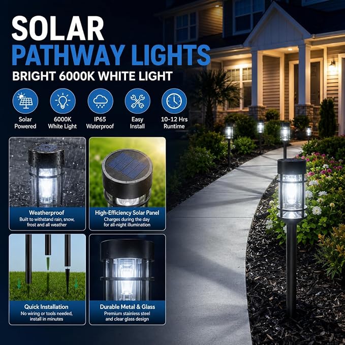 Solar Pathway Lights Outdoor 8 Pack Waterproof Solar Lights for Garden | 21" Metal Glass LED Bright 8-12Hours Long-Lasting Outdoor Solar Lights for Yard, Garden Path Landscape Driveway Walkway