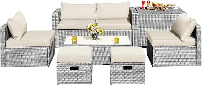 DORTALA 8 Pieces Patio Furniture Set, PE Rattan Sectional Sofa Set with Tempered Glass Table & Waterproof Cushions, Outdoor Wicker Conversation Set for Balcony, Poolside, Off White