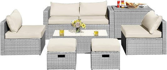 DORTALA 8 Pieces Patio Furniture Set, PE Rattan Sectional Sofa Set with Tempered Glass Table & Waterproof Cushions, Outdoor Wicker Conversation Set for Balcony, Poolside, Off White