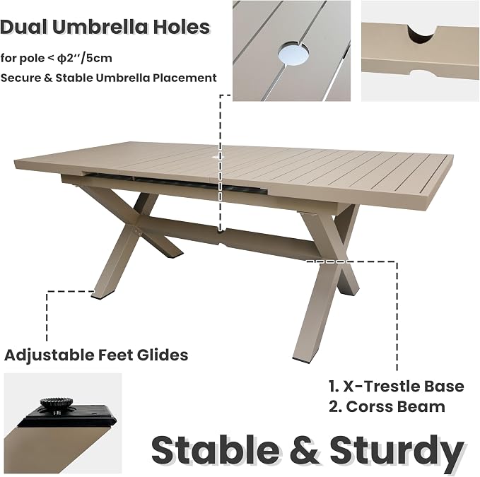 Extendable Patio Dining Table for 6-8, 63''-83'' Outdoor Aluminum Table w/Umbrella Hole, Rectangle Slatted Tabletop, Metal X-Trestle for Meals Garden Deck Backyard Gathering Party - Light Brown