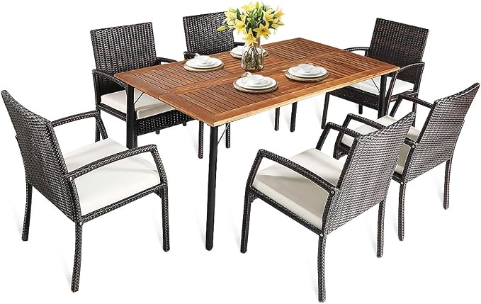 COSTWAY 7-Piece Outdoor Patio Furniture Set, Rattan Dining Table & Chairs with Cushions, Umbrella Hole & Tempered Glass Tabletop, Modern Garden Rattan Set for Backyard, Poolside, Balcony (White)