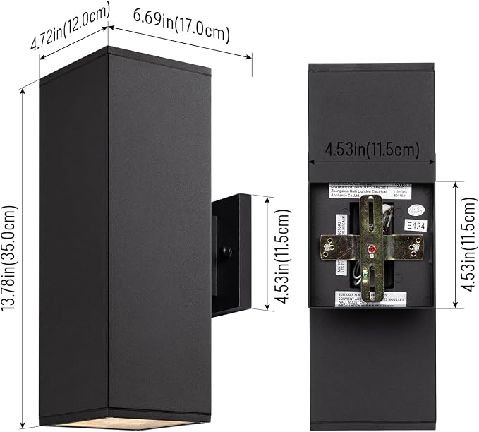 mirrea 14" Modern Outdoor Porch Light in 2 Lights, Matte Black, 4 Pack | Patio wall sconce, aluminum rectangular tube, tempered glass, waterproof. Up & down lighting for outdoor wall mount fixture.