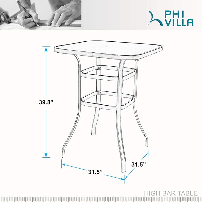PHI VILLA Outdoor Bar Table, Bar Height Tall Patio Bistro Table, Metal Frame Tempered Glass Table High Top (Black)