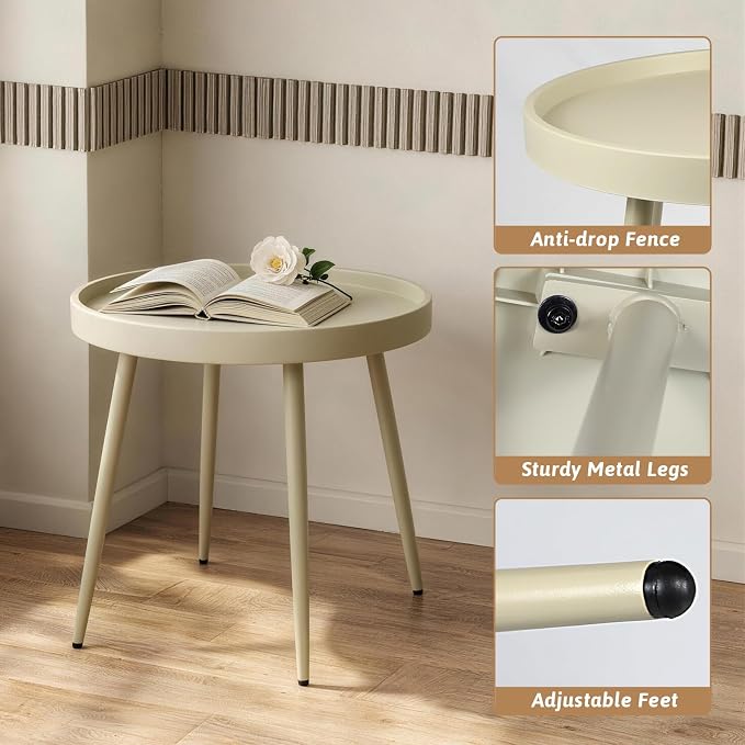Small Outdoor Side Table - Round Metal End Table with PP Desktop & Anti-Fall Fence - Mini Coffee Table for Small Spaces - Patio, Porch, Living Room- Camel