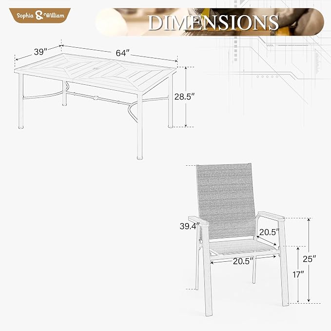 Sophia & William Outdoor Dining Set 7 Pieces, 6 x Aluminum Patio Dining Chairs and Large 64" Metal Dining Table, Space-Saving and Lightweight for Patio Lawn Garden (Blue)