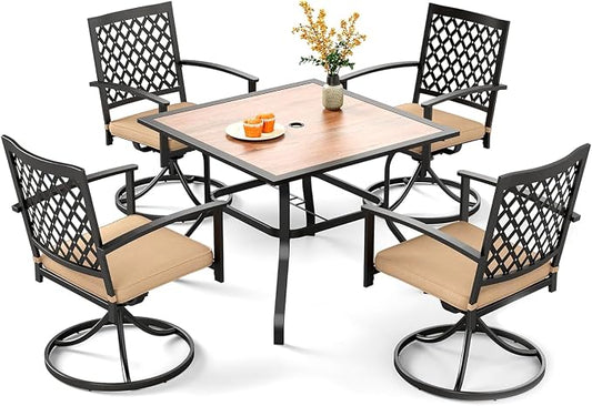 PHI VILLA Patio Dining Set for 4, Swivel Chairs& 37" Square Steel Table | Table w/ Polywood Tabletop&Swivel Wrought Iron Chairs with Cushions, Outside Furniture Set for Patio, Deck, Yard, Porch