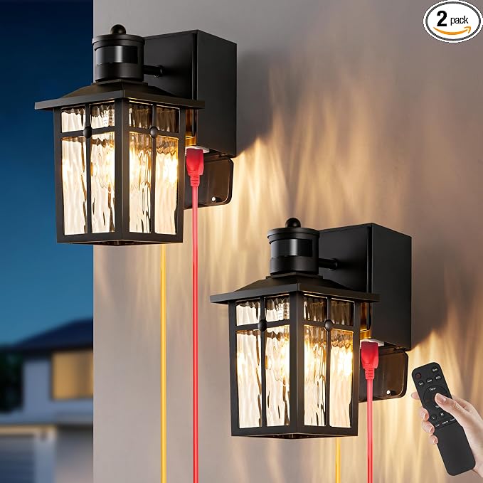 Porch Light with GFCI Outlet with Remote,Dusk to Dawn Motion Sensor Outdoor Light,Upgraded 4 Lighting Modes Black Front Door Light,Waterproof Outside Lights for House Patio Garage Entryway, 2 Pack