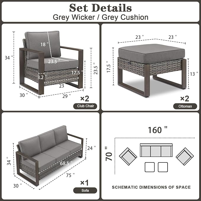 Belord 5 Piece Outdoor Wicker Patio Conversation Furniture Set Deep Seating, Metal Wide Armrests Patio Sofa Set with Rattan Chairs Ottomans for Porch Deck Sunroom Backyard