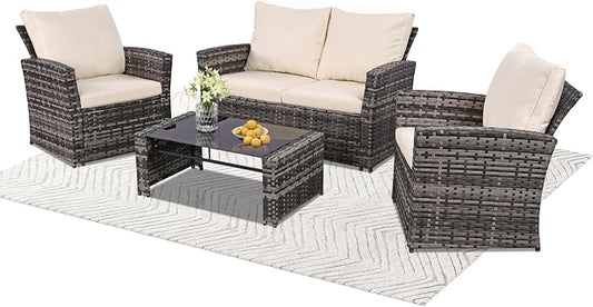 FHFO 4 Piece Outdoor Wicker Patio Furniture Set, Grey/Beige | Sectional Sofa | All-Weather Hand-Woven Rattan | Tempered Glass Coffee Table | Durable Fabric | Indoor & Outdoor Use
