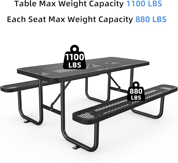 KEIKI 72" Heavy-Duty Metal Picnic Table with Benches, Commercial Outdoor Steel Table with 2.12" Umbrella Hole, 2.5mm Mesh Top, Rust-Resistant Coating, Patio Backyard Park Dining Furniture, Black