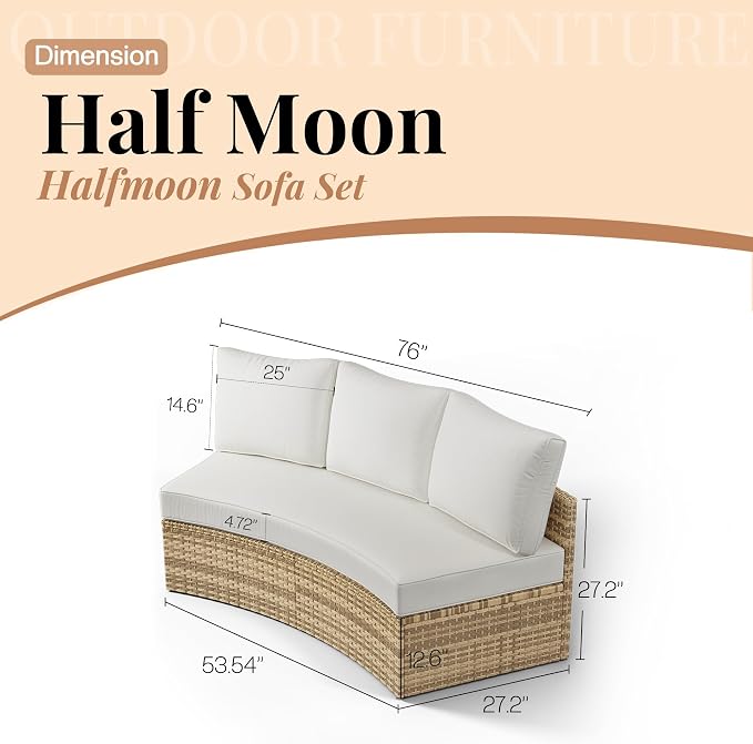 Jocisland 3-Piece All-Weather Wicker Conversation Set, Half-Moon Outdoor Sectional Sofa with Removable Cushions, Rattan Patio Furniture Set for Backyard, Garden & Deck, Beige