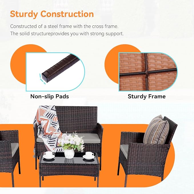 Patio Furniture Set, Outdoor Furniture Set 4 Pieces Patio Conversation Set PE Rattan Chair with Cushion Tempered Glass Table Garden Balcony Sets for Yard Pool Backyard Brown/Grey