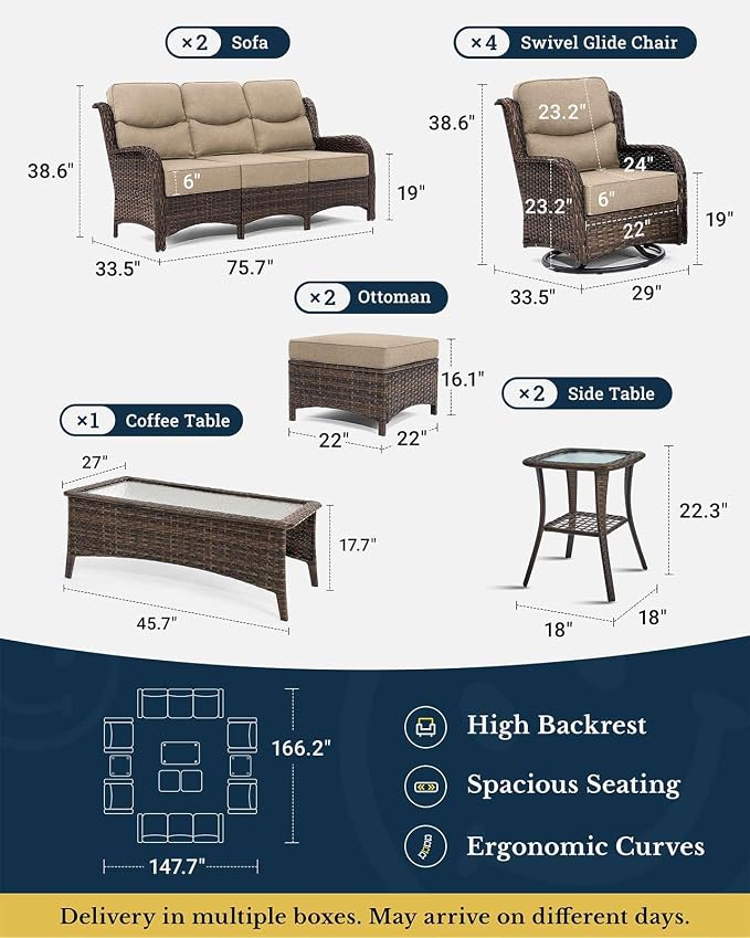 HILLGA Luxury Outdoor Patio Furniture Set with 6-Inch Thick Cushions, High Back Wicker Swivel Rocker Chairs, 11 Pcs All Weather Conversation Set for Large Deck, Yard and Poolside, Beige (V3)