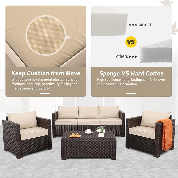 Rattan Star Patio Furniture Set 4 Pcs Outdoor Furniture Sets Patio Couch Outdoor Chairs Coffee Table with Storage Khaki No-Slip Cushions and Waterproof Covers