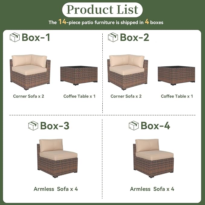 Aoxun 14 Piece Patio Furniture Set Wicker Rattan Patio Conversation Set Outdoor Sectional Sofa Set with Coffee Table and Thickened Cushions, Beige