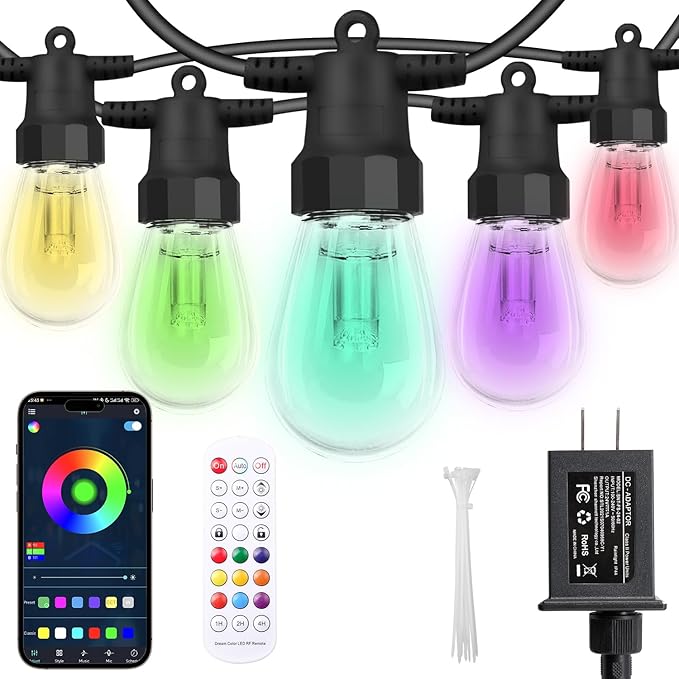 CAWWS Outdoor String Lights 75FT, Color Changing Patio Lights, Waterproof | 30 Shatterproof LED Bulbs, Multicolor & Warm White, Dimmable, IP67 Waterproof, APP & Remote, Custom Colors, 24V Low Voltage