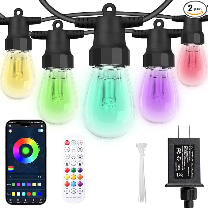 CAWWS Outdoor String Lights 100FT, Color Changing Patio Lights, Waterproof | 2×50FT,40 Shatterproof LED Bulbs,Multicolor & Warm White,Dimmable,IP67 Waterproof, APP & Remote,Custom Colors,24V Low Voltage
