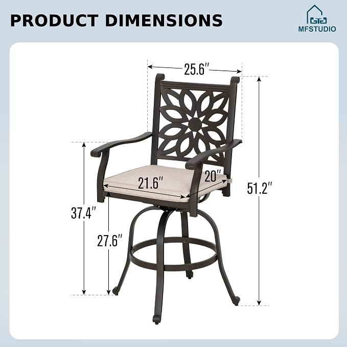 MFSTUDIO Outdoor Barstools Set of 4, Cast Aluminum Swivel Outdoor Bar Chairs, Bar Height Patio Chairs with Extra Wide Seat and Cushion, Brown, 350lbs