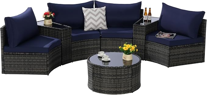 KEIKI Outdoor Patio Furniture 7-Piece Half-Moon Curved Sectional Sofa Set, All-Weather Wicker Patio Conversation Set with Round Coffee Table and 2 Storage Armrests for Poolside Backyard, Dark Blue
