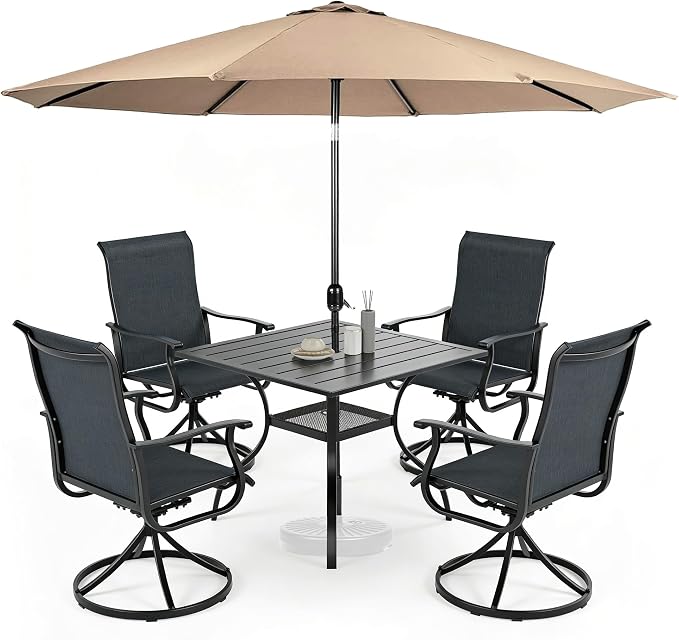 SUNCROWN 6-Piece Outdoor Dining Set, All Weather Patio Furniture Sets with 4 Black Swivel Textilene Mesh Chairs & Square Metal Table & 1 Brown 9Ft Umbrella for Deck Garden Backyard Poolside