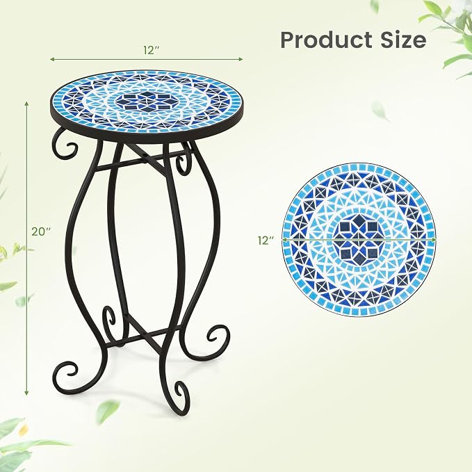 Giantex Outdoor Side Table, Mosaic Patio Table, 12inch Accent Table Plant Stand Indoor, Ceramic Tile Top Metal Frame, Small End Table Porch Beach Patio Garden Balcony Poolside