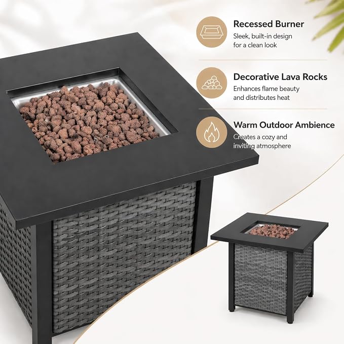 Square PE Rattan Propane Fire Pit Table, 30 Inch Outdoor Gas Firepit Table with Metal Tabletop & Lava Rocks, 50000 BTU Weather Resistant Patio Fire Pit for Backyard Garden Deck Porch