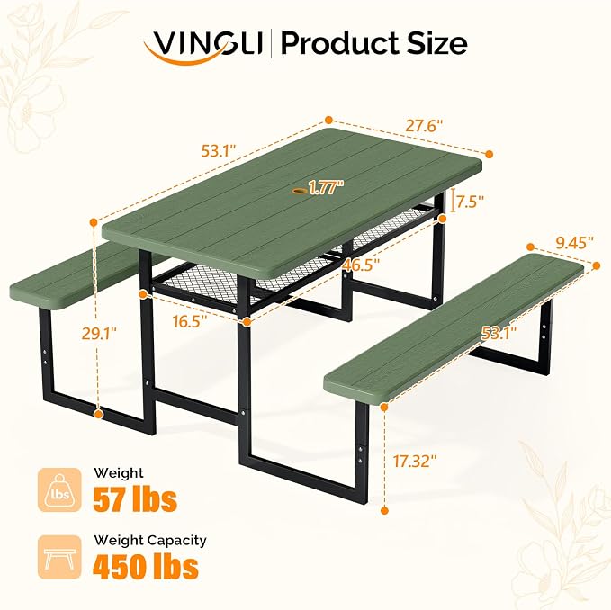 VINGLI Outdoor Picnic Table with Storage Shelf & Umbrella Hole, 4.5FT All Weather Metal Frame HDPE Tabletop Plastic Picnic Table for Dining Party Garden(Green)